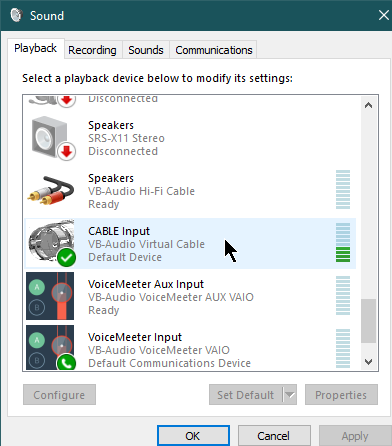 Вход виртуального аудио-кабеля в качестве стандартного устройства воспроизведения в системе